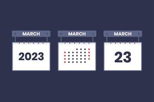 Conception du calendrier 2023 icône du 23 mars. Calendrier du 23 mars, rendez-vous, concept de date importante. vecteur
