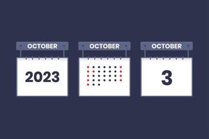 Conception du calendrier 2023 icône du 3 octobre. Calendrier du 3 octobre, rendez-vous, concept de date importante. vecteur