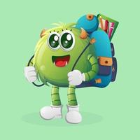 mignon monstre vert portant un cartable, sac à dos, retour à l'école vecteur