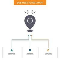emplacement. broche. camping. vacance. carte de conception d'organigramme d'entreprise en 3 étapes. icône de glyphe pour la place du modèle d'arrière-plan de présentation pour le texte. vecteur