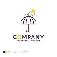 création de logo de nom de société pour parapluie. camping. pluie. sécurité. Météo. conception de nom de marque violet et jaune avec place pour le slogan. modèle de logo créatif pour petites et grandes entreprises.