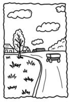 page de coloriage pour enfants dessinés à la main avec style de doodle de paysage de village, illustration vectorielle isolée sur fond blanc. nature, contour noir, vue avec charrette, maisons et arbres vecteur
