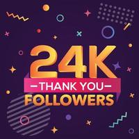 merci 24000 followers, merci banner.first carte de félicitations de 24k follower avec des figures géométriques, des lignes, des carrés, des cercles pour les réseaux sociaux.web blogger célèbre un grand nombre d'abonnés. vecteur