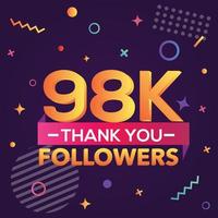 merci 98000 followers, merci banner.first carte de félicitations de 98k follower avec des figures géométriques, des lignes, des carrés, des cercles pour les réseaux sociaux.web blogger célèbre un grand nombre d'abonnés. vecteur