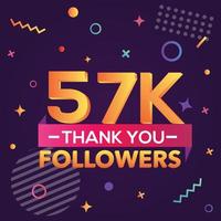 merci 57000 followers, merci banner.first carte de félicitations de 57k follower avec des figures géométriques, des lignes, des carrés, des cercles pour les réseaux sociaux.web blogger célèbre un grand nombre d'abonnés. vecteur