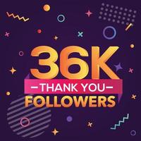 merci 36000 abonnés, merci banner.first 36k follower carte de félicitations avec des figures géométriques, des lignes, des carrés, des cercles pour les réseaux sociaux.web blogger célèbre un grand nombre d'abonnés. vecteur