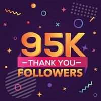 merci 95000 followers, merci banner.first carte de félicitations de 95k follower avec des figures géométriques, des lignes, des carrés, des cercles pour les réseaux sociaux.web blogger célèbre un grand nombre d'abonnés. vecteur