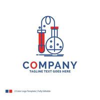 création du logo du nom de l'entreprise pour les tests. chimie. ballon. laboratoire. la science. conception de nom de marque bleu et rouge avec place pour le slogan. modèle de logo créatif abstrait pour petites et grandes entreprises. vecteur