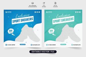 vecteur de publication de médias sociaux d'affaires de chaussures de sport avec des couleurs vertes et bleues. conception de modèle de promotion d'entreprise de baskets modernes avec des formes abstraites. vecteur de modèle de vente de chaussures de sport exclusif.