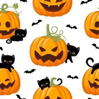 modèle sans couture d'halloween avec citrouille, chats noirs et chauves-souris. conception heureuse de vacances. illustration vectorielle. vecteur