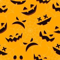 citrouilles d'halloween visages sculptés silhouettes motif sans couture avec toiles d'araignées. visages effrayants et drôles de citrouille ou de fantôme d'halloween. illustration vectorielle. vecteur
