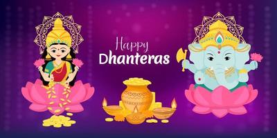 joyeux dhanteras. la déesse lakshmi et le dieu ganesha sont assis sur un lotus. festival indien traditionnel des lumières. illustration vectorielle pour bannière ou affiche. vecteur