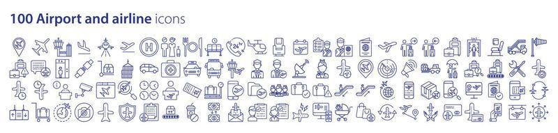 collection d'icônes liées à l'aéroport et à la compagnie aérienne, y compris des icônes comme l'avion, les bagages, le vol et plus encore. illustrations vectorielles, pixel parfait vecteur