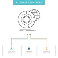 Les données. Big Data. une analyse. globe. conception d'organigramme d'entreprise de services en 3 étapes. icône de ligne pour le modèle d'arrière-plan de présentation place pour le texte vecteur