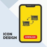 l'ordinateur. lien. lien. réseau. icône de glyphe de synchronisation dans le mobile pour la page de téléchargement. fond jaune vecteur