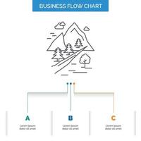 rochers. arbre. colline. Montagne. conception d'organigramme d'entreprise nature avec 3 étapes. icône de ligne pour le modèle d'arrière-plan de présentation place pour le texte vecteur