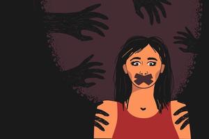 les contours des mains émanant de l'obscurité autour d'une jeune femme vulnérable, comme symbole de violence sexuelle, de harcèlement, d'abus, de haine. vecteur