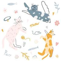 ensemble de chats colorés mignons dessinés à la main. illustration vectorielle de chatons, animal drôle pour affiche, impression de tissu, textile pour enfants, conception de cartes vecteur