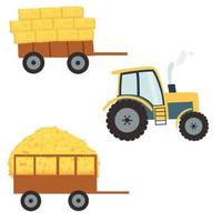 tracteur avec haycock agricole dans la remorque dans un style plat de dessin animé, pile roulée de foin rural, botte de foin de ferme séchée. illustration vectorielle de paille de fourrage vecteur