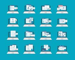fichiers d'ordinateur portable et de document, e-mail de pièce jointe de fichiers, archive de communication en ligne, illustration vectorielle d'icône de conception plate vecteur