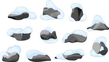 collection de pierres de différentes formes dans la neige. cailloux côtiers, pavés, gravier, minéraux et formations géologiques. fragments de roche, rochers et matériaux de construction. vecteur