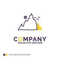 création de logo de nom de société pour la montagne. paysage. colline. la nature. Soleil. conception de nom de marque violet et jaune avec place pour le slogan. modèle de logo créatif pour petites et grandes entreprises. vecteur