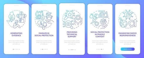 activités de protection sociale écran d'application mobile d'intégration à gradient bleu. pas à pas en 5 étapes pages d'instructions graphiques avec des concepts linéaires. ui, ux, modèle d'interface graphique. vecteur