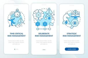 niveaux de gestion des risques opérationnels écran bleu de l'application mobile d'intégration. pages d'instructions graphiques en 3 étapes avec des concepts linéaires. ui, ux, modèle d'interface graphique. vecteur