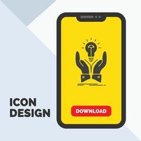 idée. idées. Créatif. partager. icône de glyphe de mains dans le mobile pour la page de téléchargement. fond jaune vecteur