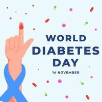 journée mondiale du diabète au design plat avec main, ruban bleu et médicament vecteur
