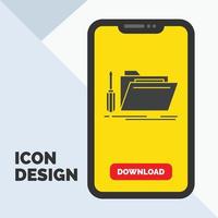 dossier. outil. réparation. Ressource. icône de glyphe de service dans la page de téléchargement mobile. fond jaune vecteur
