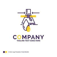 création de logo de nom de société pour produits chimiques. fuite. détection. usine. la pollution. conception de nom de marque violet et jaune avec place pour le slogan. modèle de logo créatif pour petites et grandes entreprises. vecteur