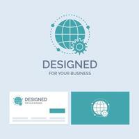 lié. en ligne. monde. globe. symbole d'icône de glyphe de logo d'entreprise multijoueur pour votre entreprise. cartes de visite turquoise avec modèle de logo de marque. vecteur