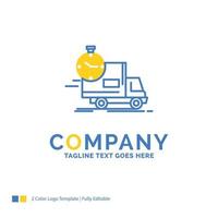 livraison. temps. expédition. le transport. modèle de logo d'entreprise jaune bleu camion. lieu de modèle de conception créative pour le slogan. vecteur