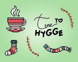 Pixels 8 bits le thème hygge. les outils pour se détendre dans les illustrations vectorielles. vecteur