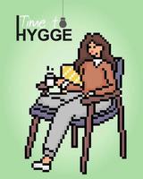 Pixels 8 bits le thème hygge. le dessin animé de femmes assises se détendant et buvant du café dans des illustrations vectorielles. vecteur