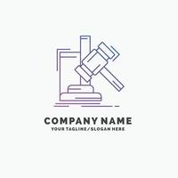 enchères. marteau. marteau. jugement. modèle de logo d'entreprise violet de loi. place pour le slogan vecteur