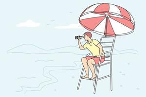 sauveteur masculin assis sur une chaise sur la plage à la recherche de jumelles. sauveteur d'homme sur la tour au bord de la mer. sauveteur de sécurité et aide en mer . illustration vectorielle. vecteur