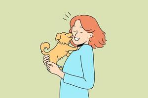 heureuse jeune femme avec un chien mignon dans les mains. chiot drôle lécher souriant propriétaire femelle montrer l'amour et l'affection. animaux domestiques. illustration vectorielle. vecteur