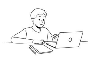 enfant garçon heureux assis au bureau étudiant en ligne sur ordinateur. un enfant souriant utilise un ordinateur portable ayant un cours à distance à la maison. l'enseignement à distance. illustration vectorielle. vecteur