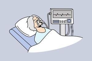 vieille femme en masque sous ventilateur à l'hôpital. patient mature respirant avec une machine de ventilation. soins intensifs hospitaliers. illustration vectorielle. vecteur