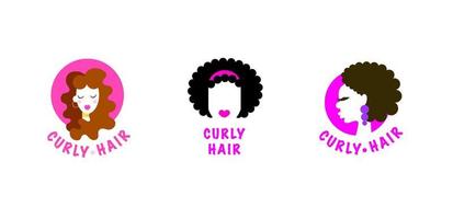 différentes versions de logos d'une fille aux cheveux bouclés. l'inscription est cheveux bouclés. vecteur