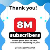 merci pour votre soutien aux abonnés 8m avec fond abstrait. peut être utilisé pour les publications sur les réseaux sociaux, les sites Web et les entreprises vecteur