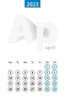 calendrier pour avril 2023, conception de cercle bleu. langue anglaise, la semaine commence le lundi. vecteur