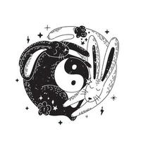 lapin magique yin yang. deux mignons lapins noirs et blancs en forme de yin yang. vecteur