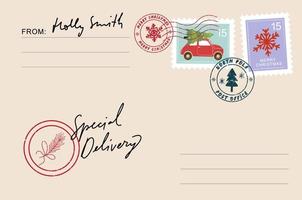 enveloppe de noël avec timbres, sceaux et inscriptions au père noël. livraison spéciale. vecteur