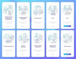 ensemble d'écrans d'application mobile d'intégration de dégradé bleu d'aide sociale. pas à pas en 5 étapes pages d'instructions graphiques avec des concepts linéaires. ui, ux, modèle d'interface graphique. vecteur