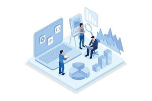 personnages de personnes travaillant avec la visualisation de données sur ordinateur portable. homme et femme analysant des tableaux, des graphiques et des graphiques sur le tableau de bord de l'entreprise. concept d'analyse de données numériques, vecteur