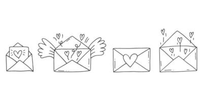 ensemble d'éléments de doodle mignons dessinés à la main sur l'amour. autocollants de message pour les applications. icônes pour la saint valentin, les événements romantiques et le mariage. enveloppes avec des lettres d'amour et des coeurs avec des ailes. vecteur