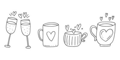 ensemble d'éléments de doodle mignons dessinés à la main sur l'amour. autocollants de message pour les applications. icônes pour la saint valentin, les événements romantiques et le mariage. tasses avec une boisson d'amour et des coeurs et du champagne. vecteur